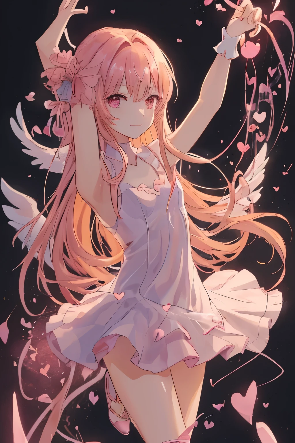 1_girl, (anime, kawai:2), (masterpeice, best_quality, simple, cute, dreamy, vibrant, clean:1.5), (cute, cute_smile, young:1.8), (delicate, beautiful, thin:1.5), (girlfriend, angel:1.6), (green_eyes, simple_eyes:1.5) (long_hair, blond_hair, wearing_pink_dress, pink_angel_wings, sexy_gloves:1.8), extremely_delicate, (love_magic:1.5), (age_size_fits_body), (small_thighs:1.3), (breasts), (eye_level:1.3), (heart_magic, love:1.5), (dancer:1.3)