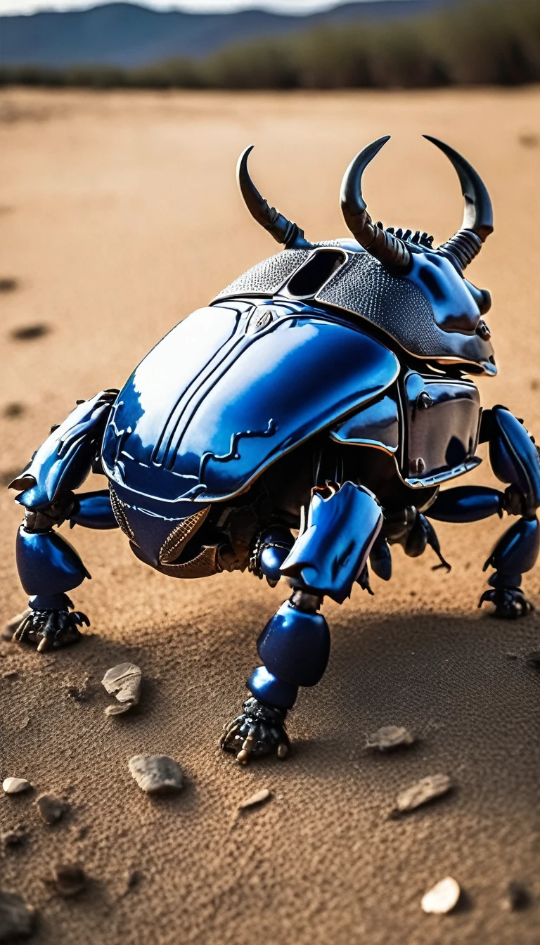 cinematic photo BugCraft, Male blue rhinoceros beetle、Horn、Feet are off-road tires、5 meterecha