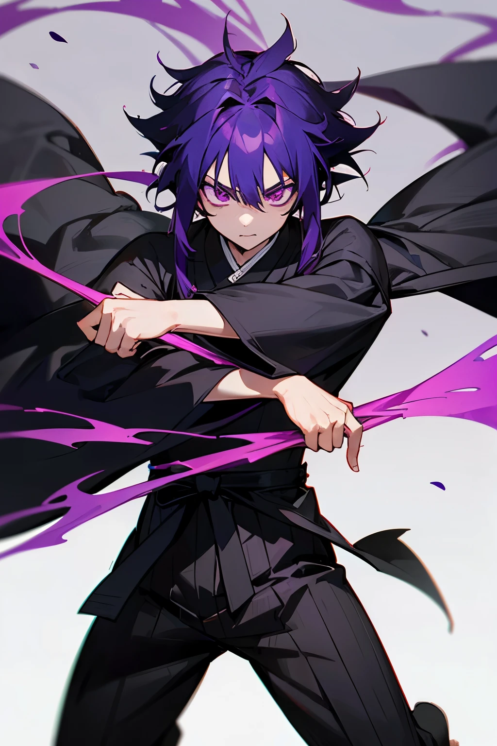 young male demon slayer who wears a black haori with a little purple stripe and a dark purple nichirin and also his hair is longish but not too much and his hair is red and black