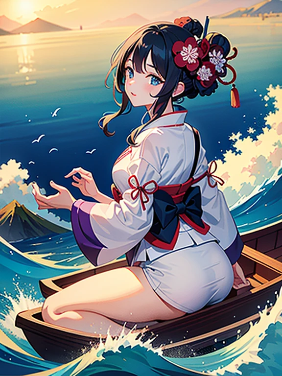 (Highest quality、masterpiece、High resolution、Official Art、8K)、Ukiyo-e、Katsushika Hokusai、Fuji Mountain、White waves of the sea、Boat、