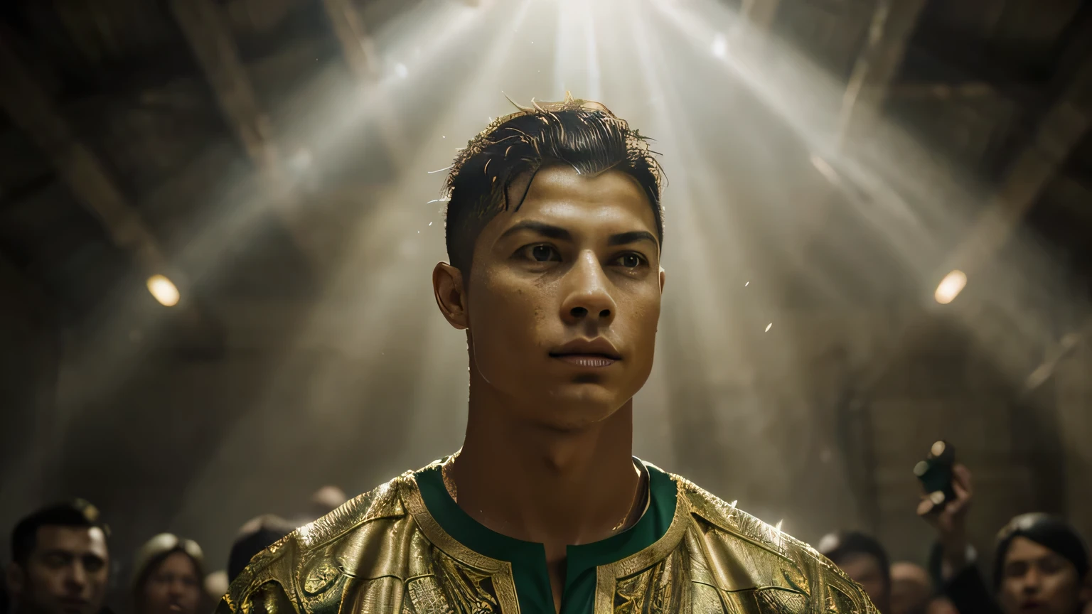 Portrait of Football King Christiano Ronaldo, holding the Golden Ball, ngồi ngai vàng, wearing the Portuguese flag, crown, shine, strong, Metallic light
