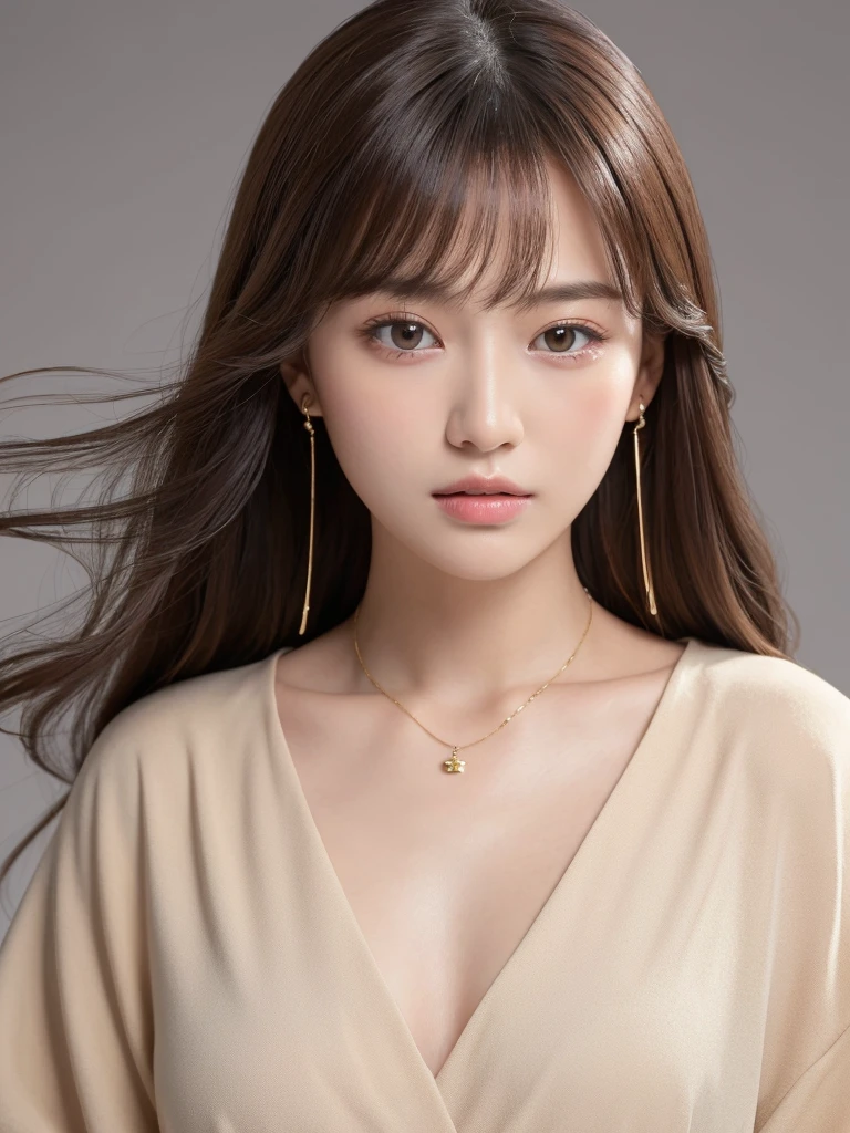((Highest quality, 8K, masterpiece:1.3)), concentrate: 1.2, Perfect body beauty: 1.4, Hips: 1.2, ((Long Hair, chest: 1.2)), (Dry clothes: 1.1) , (clear, Simple Background:1.3), Simple clothes: 1.1, Highly detailed face and skin texture,Delicate eyes, double eyelid, Whitened skin, Rough skin、Long Hair、Earrings with bangs、necklace、 solo、Beige coat、White shirt, (((Beautiful girl with cute Japan)))、 ((Beautiful Japanese girl 20 years old))、 ((Baby Face))、 (((Slender body)))、 Upper Body,Face focus、necklace,Simple Background,From above, Realistic Hair、 A photograph was taken:Canon EOS R6、135mm、1/1250 seconds、f2.8、ISO400、(Detailed explanation of the hand)、(Masseter muscle area)、(Exquisite CG)、Long Hair, loose and curly hair、Korean Hair、Long Hair明るいベージュ色、グラデーションハイライトグレージュのゆるふわLong Hairスタイル、