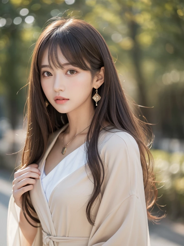((Highest quality, 8K, masterpiece:1.3)), concentrate: 1.2, Perfect body beauty: 1.4, Hips: 1.2, ((Long Hair, chest: 1.2)), (Dry clothes: 1.1) , (clear, Simple Background:1.3), Simple clothes: 1.1, Highly detailed face and skin texture,Delicate eyes, double eyelid, Whitened skin, Rough skin、Long Hair、Earrings with bangs、necklace、 solo、Beige coat、White shirt, (((Beautiful girl with cute Japan)))、 ((Beautiful Japanese girl 20 years old))、 ((Baby Face))、 (((Slender body)))、 Upper Body,Face focus、necklace,Simple Background,From above, Realistic Hair、 A photograph was taken:Canon EOS R6、135mm、1/1250 seconds、f2.8、ISO400、(Detailed explanation of the hand)、(Masseter muscle area)、(Exquisite CG)、Long Hair, loose and curly hair、Korean Hair、Long Hair明るいベージュ色、グラデーションハイライトグレージュのゆるふわLong Hairスタイル、