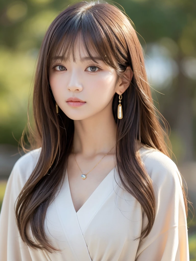 ((Highest quality, 8K, masterpiece:1.3)), concentrate: 1.2, Perfect body beauty: 1.4, Hips: 1.2, ((Long Hair, chest: 1.2)), (Dry clothes: 1.1) , (clear, Simple Background:1.3), Simple clothes: 1.1, Highly detailed face and skin texture,Delicate eyes, double eyelid, Whitened skin, Rough skin、Long Hair、Earrings with bangs、necklace、 solo、Beige coat、White shirt, (((Beautiful girl with cute Japan)))、 ((Beautiful Japanese girl 20 years old))、 ((Baby Face))、 (((Slender body)))、 Upper Body,Face focus、necklace,Simple Background,From above, Realistic Hair、 A photograph was taken:Canon EOS R6、135mm、1/1250 seconds、f2.8、ISO400、(Detailed explanation of the hand)、(Masseter muscle area)、(Exquisite CG)、Long Hair, loose and curly hair、Korean Hair、Long Hair明るいベージュ色、グラデーションハイライトグレージュのゆるふわLong Hairスタイル、
