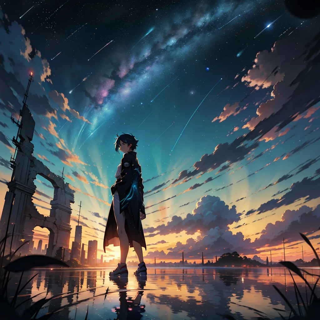 Beautiful sky anime scene with stars and planets, Space Sky. by Makoto Shinkai, anime art wallpaper 4k, 1 teal-haired woman, Landscape,Sexy chest,anime art wallpaper 4k, Anime Art Wallpapers 8K, anime wallpaper 4k, anime wallpaper 4k, 4k anime wallpaper, Anime Sky, Awesome Wallpapers, Anime Background, Heavenly planets in the background, Anime Background art, reflection, Quantum transitions, Knight costume, Surrounded by ruins