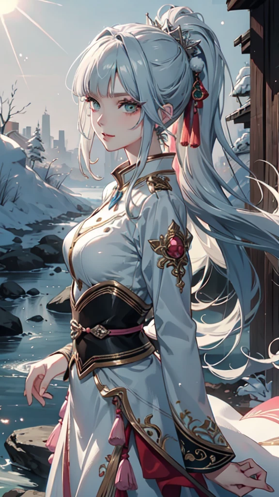 ((masterpiece )), (top quality), (best quality), ((ultra-detailed, 8k quality)), Aesthetics, Cinematic lighting, (detailed line art),
BREAK,
highly detailed of (1girl), perfect face, details eye, very long hair, side Blunt bangs, silver hair, green eyes, eyelashes, eyeshadow, pink eyeshadow, light smile, tall and thin body, design art by Artgerm, by Kawacy, By Yoshitaka Amano,
BREAK,
Light dress, white long sleeve dress, cotton material, cowboy shot, dynamic angle, looking at viewer, showing her hand out, (morning sun background, (Winter Creek background)), amano yoshitaka,
BREAK,
((perfect anatomy)), nice body, medium breast, extremely detailed finger, best hands, perfect face, beautiful face, beautiful eyes, perfect eyes, perfect fingers, correct anatomy,