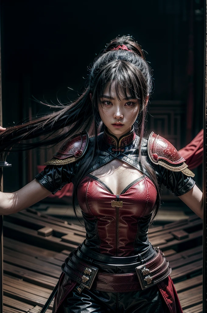 A beautiful chinese women warrior, weapon, 1girl, red full armor, sword, black_hair, holding, dual_wielding, solo_focus, holding_weapon, holding_sword, old chinese background, brown_eyes