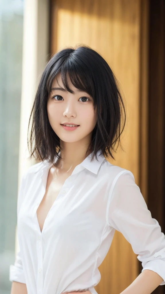 (masterpiece:1.3), (8K, Realistic, RAW Photos, Highest quality: 1.4), Japanese, (One girl), Beautiful Face, (Realistic Face), (Black Hair, short hair:1.3), Beautiful hairstyle, Realistic eyes, Beautiful attention to detail, (Realistic Skin), Beautiful Skin, Charm, Ultra-high resolution, Ultra-realistic, Very detailed, Golden Ratio, (Detailed face:1.2),View your viewers,smile,Open white shirt,Medium chest,Are standing,Hands on hips