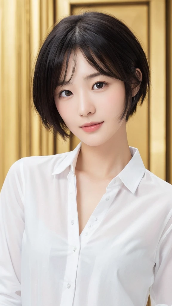 (masterpiece:1.3), (8K, Realistic, RAW Photos, Highest quality: 1.4), Japanese, (One girl), Beautiful Face, (Realistic Face), (Black Hair, short hair:1.3), Beautiful hairstyle, Realistic eyes, Beautiful attention to detail, (Realistic Skin), Beautiful Skin, Charm, Ultra-high resolution, Ultra-realistic, Very detailed, Golden Ratio,  (Detailed face:1.2),View your viewers,smile,Open white shirt,Medium chest,Are standing,Hands on hips