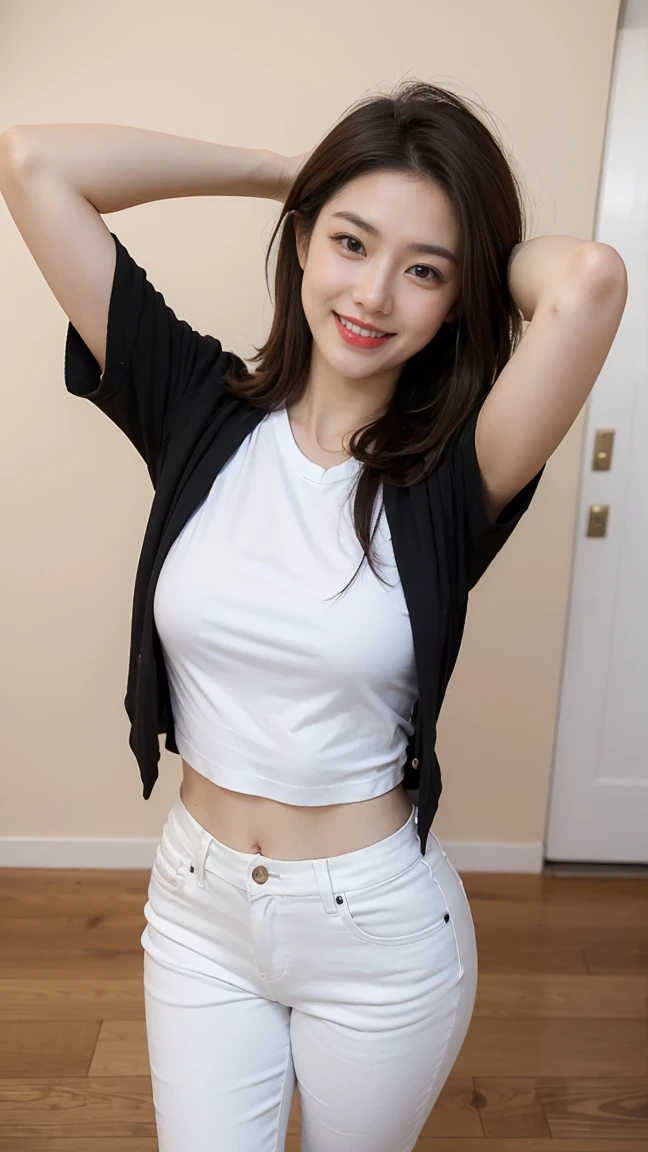 Highest quality，８ｋ，Brown Hair，Shoulder-length bob，clear系美女，ｃcup，smile，Shiny skin，Wearing a white T-shirt，Wearing jeans，Shown in full-body photo，Looking up，Strong sunlight, bright, She is smiling gently with the corners of her mouth turned up,Realistic skin texture，double eyelid，Japanese，Taking a selfie，Eye color is dark brown，In front of the white door，White wall，a sunny day，clear，19～２２age，Photorealistic，Arms behind head，Looks energetic，giggle，Super detailed，Ultra-high resolution，She is wearing red lipstick