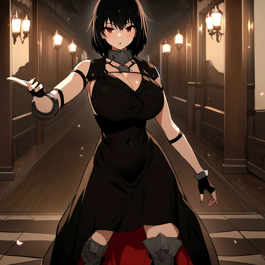 Iron bikini armor, iron crown, bare belly, big breasts, black hair, red eyes