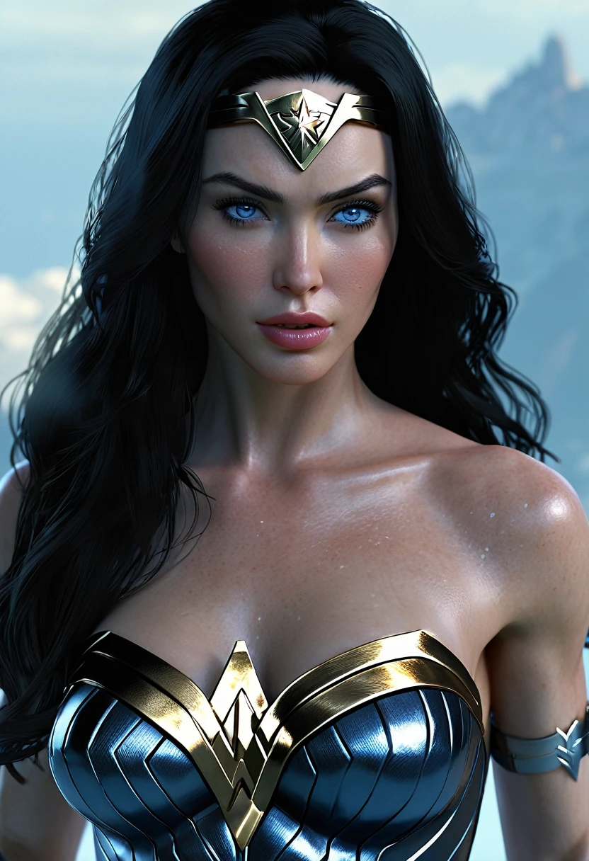 FROM ABOVE, Megan Fox ((Pale Skin)), ((Pearl Skin)), ((black hair)), ((Dressed as Wonder Woman)), Sexy Woman ((She has long straight black hair and icy light blue eyes, pale skin, a atletic defined toned body, a thin waist, wide hips.)) Portrait ((Perfect Feminine Face)), Precision, 8K, High Detail, (Highly Detailed CG Unity 8K Wallpaper), Ultra-realistic Full Shot Body Image, Beautiful (Skinny) Sexy, Trending in CGSociety, Complex, High Definition, Sharp Focus, Dramatic, Volume Lighting, Digital painting, intense model shooting style, (highly detailed CG Unity 8K wallpaper), full-shot body photos of the most beautiful works in the world, pearl skin, professional majestic oil paintings by Ed Blinkey, Atey, Studio Ghibli, Jeremy Mann, Greg Manchez, Antonio Moro, trending on ArtStation, Trending, Incremental, High Detail, Sharp Focus, Mid Journey and dramatic and photorealistic painting art by Greg Rutkowski at CGSociety