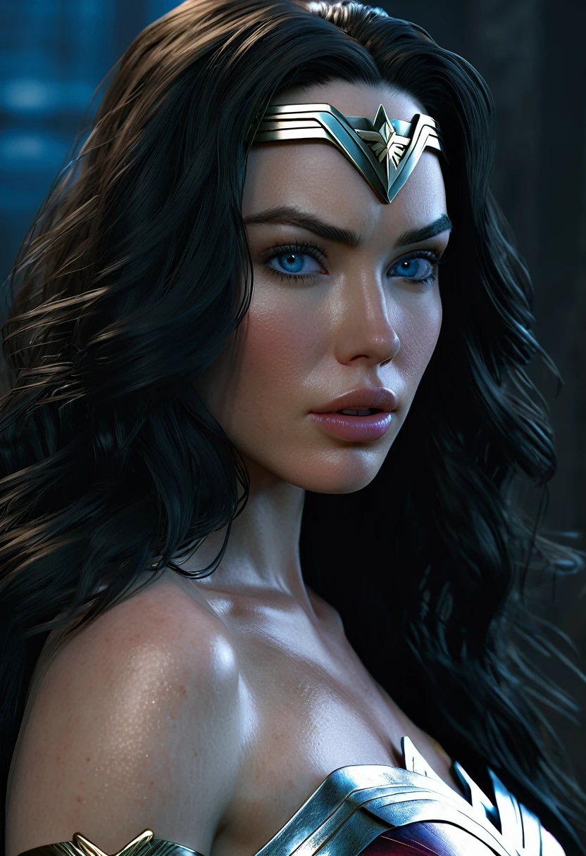 FROM ABOVE, Megan Fox ((Pale Skin)), ((Pearl Skin)), ((black hair)), ((Dressed as Wonder Woman)), Sexy Woman ((She has long straight black hair and icy light blue eyes, pale skin, a atletic defined toned body, a thin waist, wide hips.)) Portrait ((Perfect Feminine Face)), Precision, 8K, High Detail, (Highly Detailed CG Unity 8K Wallpaper), Ultra-realistic Full Shot Body Image, Beautiful (Skinny) Sexy, Trending in CGSociety, Complex, High Definition, Sharp Focus, Dramatic, Volume Lighting, Digital painting, intense model shooting style, (highly detailed CG Unity 8K wallpaper), full-shot body photos of the most beautiful works in the world, pearl skin, professional majestic oil paintings by Ed Blinkey, Atey, Studio Ghibli, Jeremy Mann, Greg Manchez, Antonio Moro, trending on ArtStation, Trending, Incremental, High Detail, Sharp Focus, Mid Journey and dramatic and photorealistic painting art by Greg Rutkowski at CGSociety