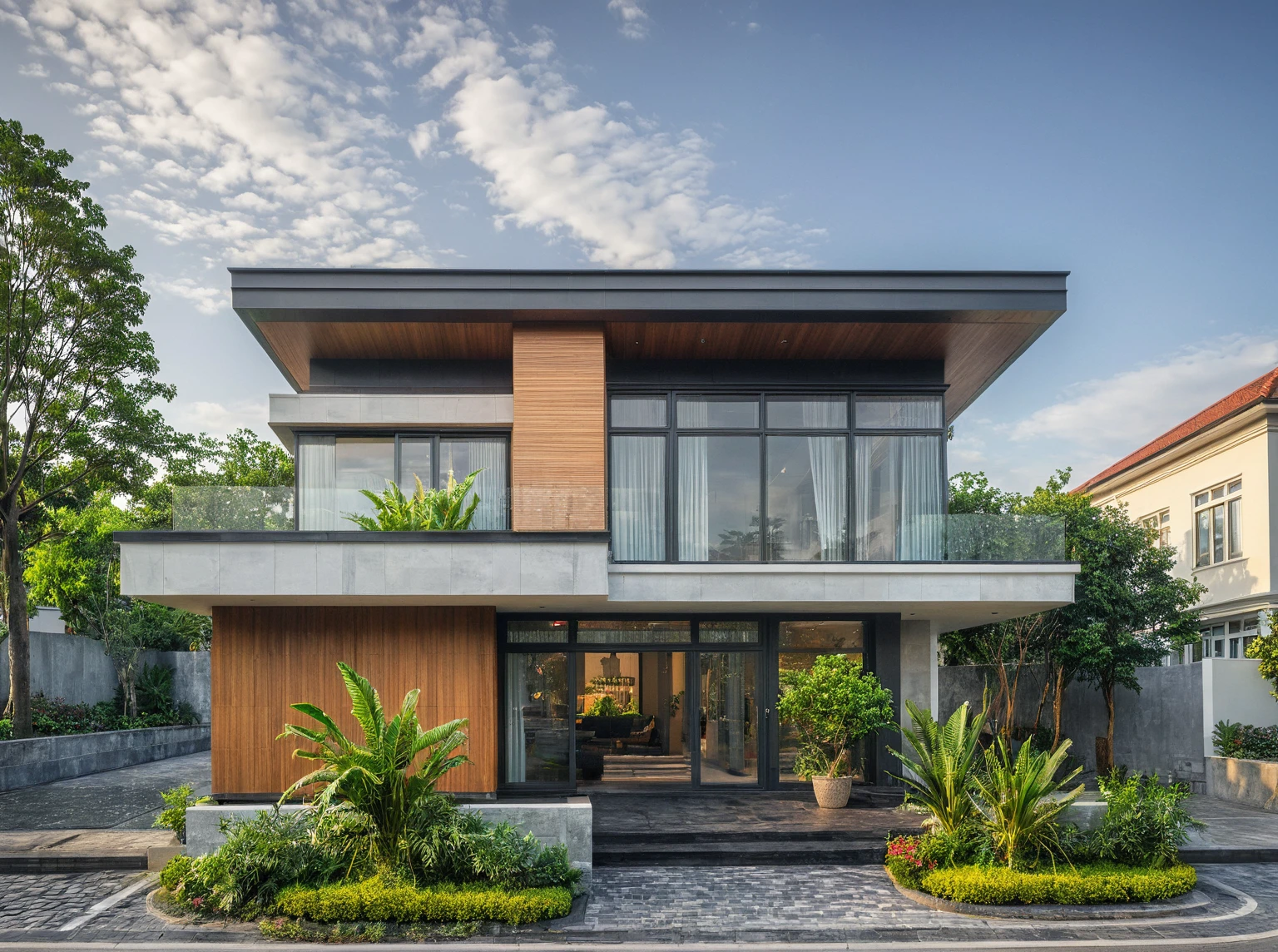 modern villa on street, (daylight), tropical tree, (slope roof, black tiled roof:1.2), vivid color, streetcapes, nice sky, grey tone, large glass door, warm interior lighting, modern material, best quality, ultra realistic, masterpiece, 17ArchiAI_XL_VL-v1