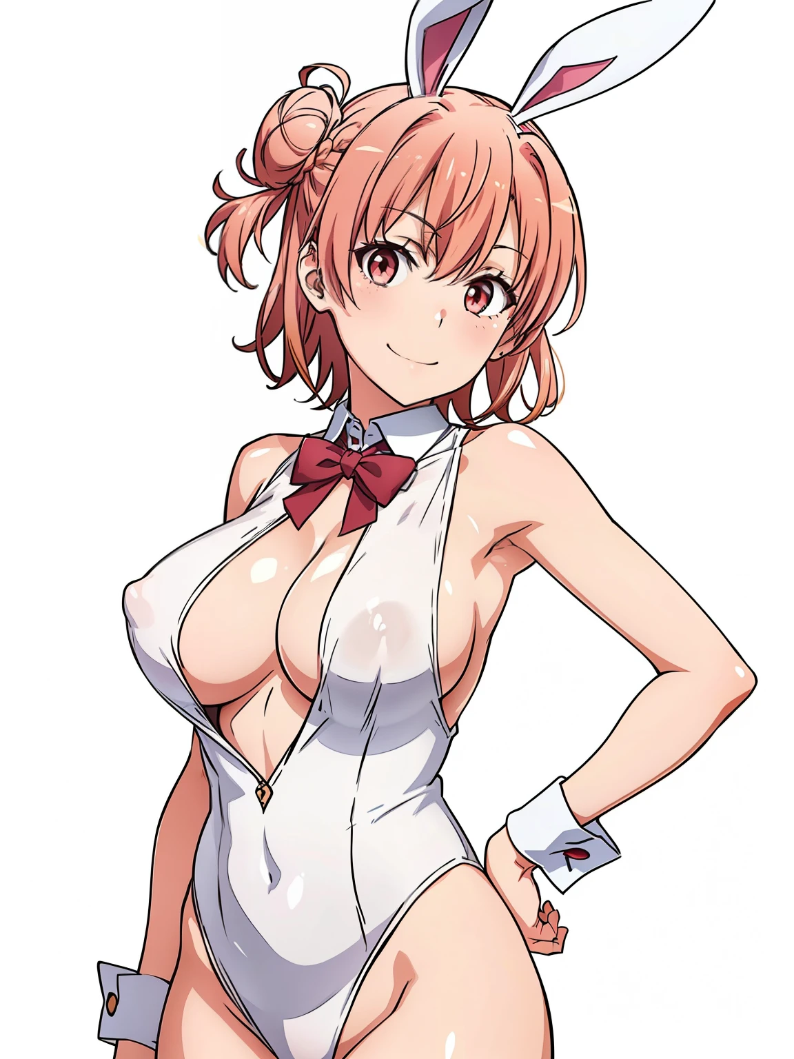 ((masutepiece, Best Quality, hight resolution, nffsw, Perfect Pixel, depth of fields, 4K, )), 1girl in, Solo, , Beautiful anime girl, Beautiful Art Style, close up, Looking at Viewer, Perfect body, Yuigahama Yui, Short hair, pink hair, hairbun, hair braid, (large boob), smiling, see through white playboy bunny suit, breasts, nipples, hand on hips, blank white background, cowboy shot