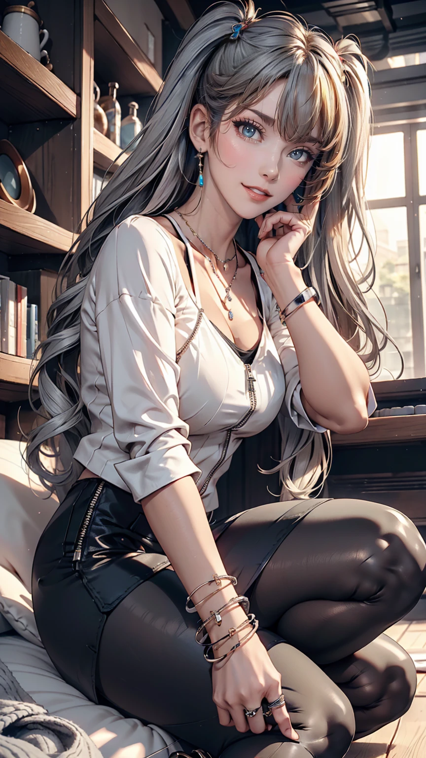 Twin tails, Silver Hair,Wear high-neck zipper-up tops, Pause, cute, Look up, high quality, necklace, ring, bracelet, Earrings、Wear low rise leggings、Wear stiletto heels、
