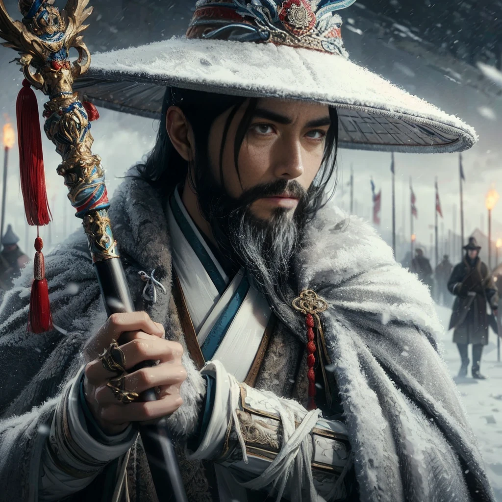 (Masterpiece:1.2), (Best Quality:1.2), (high resolution:1.2), (beautiful face and eye:1.2), (sharpest focus:1.2), (Ultra-realistic Photo:1.2), (Ultra-precise Photo:1.2), (Depth of field:1.2), (perfect anatomy:1.2), (nice hands:1.2),
(perfect hands:1.2), (five fingers:1.2), (Young, fearless, beautiful, shady Chinese man:1.0), (Lonely Chinese warrior with spear:1.0), (Neatly trimmed short beard and tied hair:1.0), (Blazing Chinese period drama style fortress:1.0),
(long spear with serpentine blade and ornate decoration:1.0), (white tsubakuhiro cap and cloak:1.0), (white armor with red, blue, and yellow coloring:1.0), (snowstorm:1.0), (melancholy expression:1.0), (picturesque standing figure:1.0),
