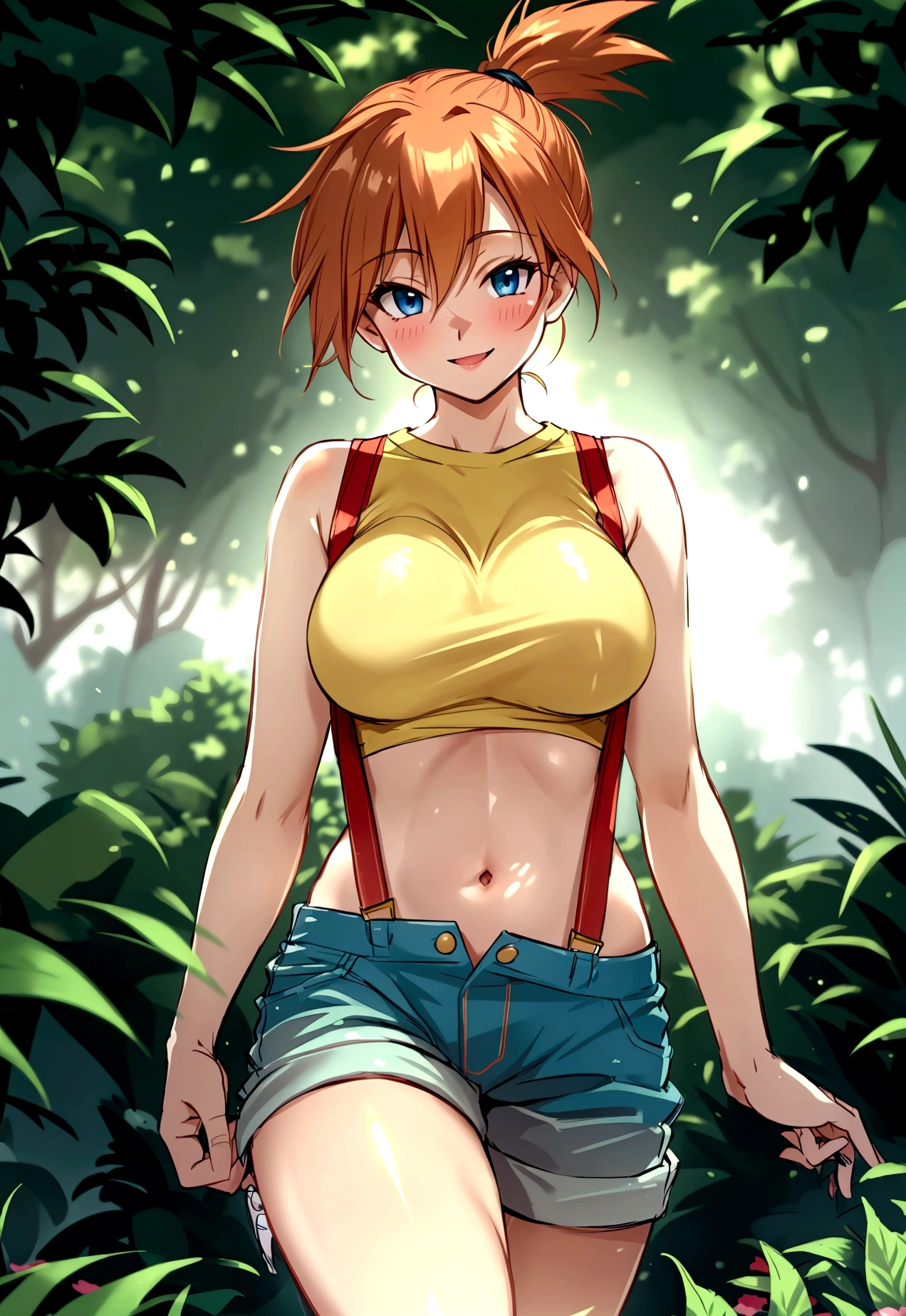 from front,from front,pov,Dutchangle,soro focus.straight-on,(upperbody:1),(finely detail ,best quality, ultra detailed),superfineillustration,anime studio,highly detailed, (detailed background, complex background:1.2), (perfect face, detailed face), full-face blush, (smile, happy), (milf, mature girl) misty_(pokemon), short hair,side ponytail, looking at viewer, smile, blush, navel, shorts, blue eyes, (suspenders), shirt, crop top,beautiful abs,(beautiful under_boob), midriff, short shorts, medium breasts,(beautiful body),(skiny skin).(). (outdoors, garden, thighs,standing),depth of field,(professional lighting,cinematic lighting,lens flare.beautifully lit),front holding pokeball,
,misty_(pokemon),