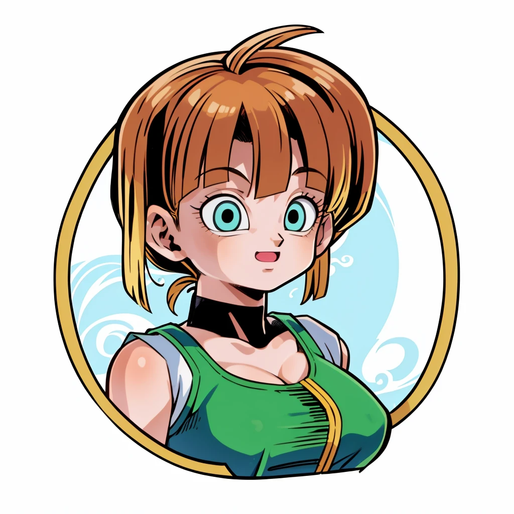 ((1girl, android18_dbz, 1girl, white background, blonde hair, white shirt)), upper body, anatomically correct, short hair, chibi, simple background, smile, cleavage, looking at the viewer,