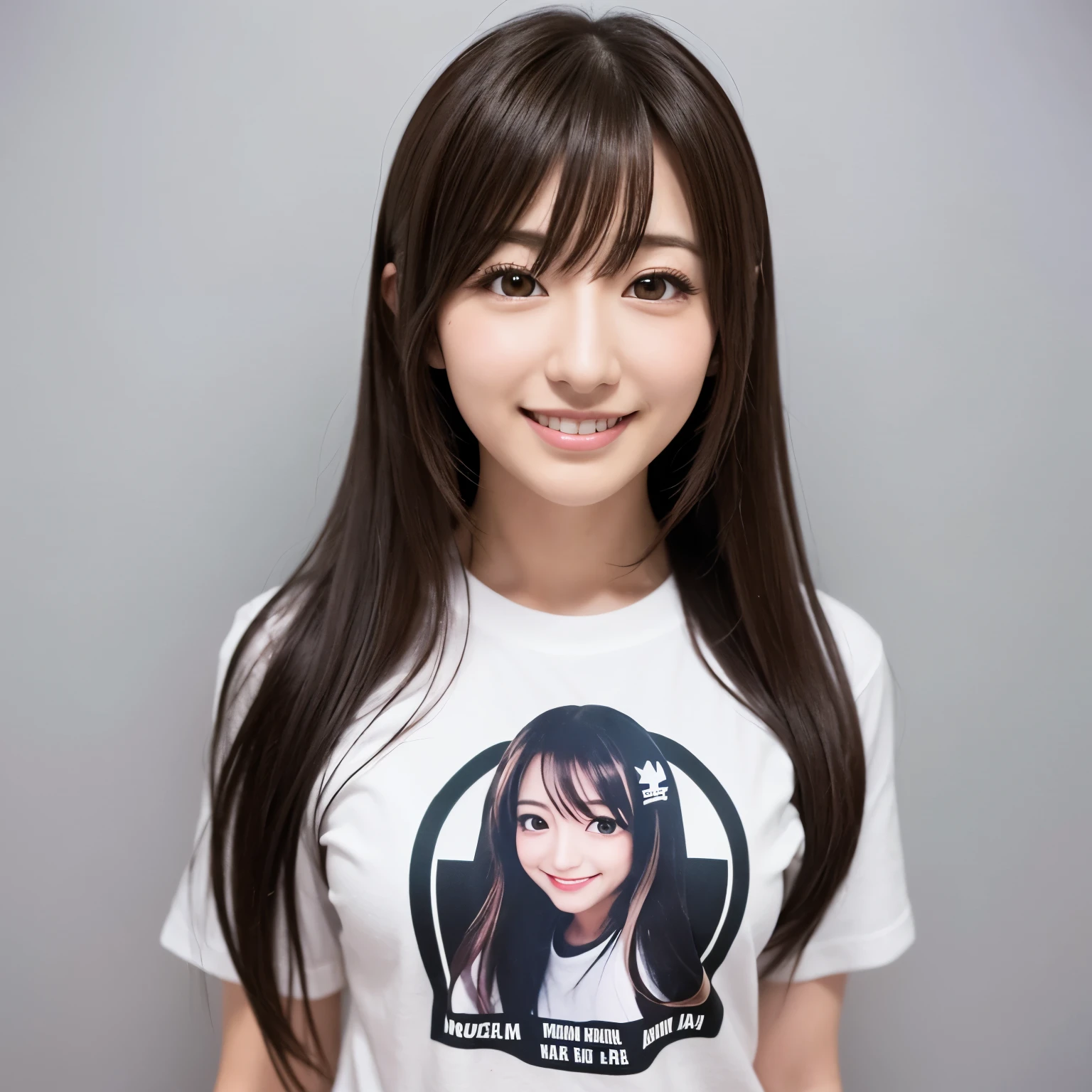 “Create an image of a person with long hair, styled to resemble the voice actress Nana Mizuki. The person is wearing a T-shirt with a graphic design. The background should be white, and the person’s expression should be a soft smile with a glimpse of teeth visible.”