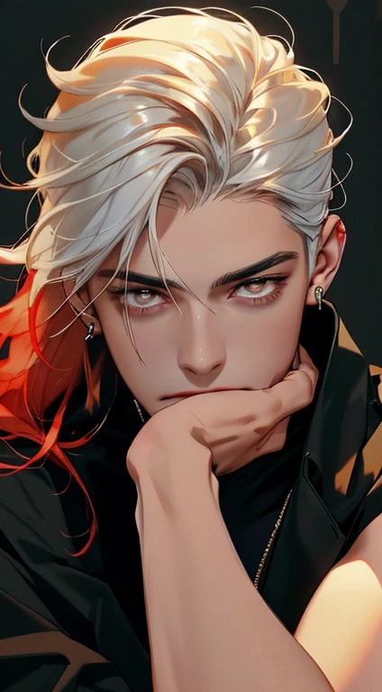 8k, raw photos, best quality, masterpiece:1.4, ultra-high resolution, ultra-detailed, lamplight, close-up cleavage, handsome men, gold eyes, detailed eyes:1.2, the eyes are bright:1.2, medium long red hair, pale-skinned, ear piercings, dark, black clothes, meticulous clothes, gold accessories on clothes, perfect anatomy:1.2, high quality shadow, natural lighting, white highlights:1.2, natta, overcast day, arm tattoos:1.2, starrysky:1.2, masterpiece, high quality, best quality, hd, realistic, perfect lighting, detailed body, 1 man, dark white hair, face expression, black military suit, in the cave