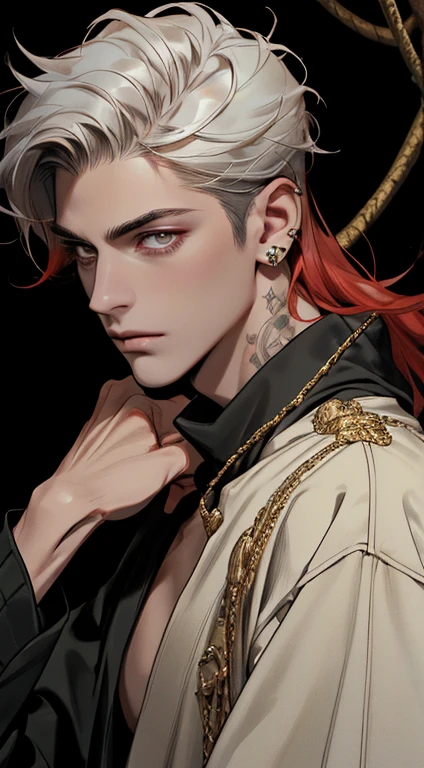 8k, raw photos, best quality, masterpiece:1.4, ultra-high resolution, ultra-detailed, lamplight, close-up cleavage, handsome men, gold eyes, detailed eyes:1.2, the eyes are bright:1.2, medium long red hair, pale-skinned, ear piercings, dark, black clothes, meticulous clothes, gold accessories on clothes, perfect anatomy:1.2, high quality shadow, natural lighting, white highlights:1.2, natta, overcast day, arm tattoos:1.2, starrysky:1.2, masterpiece, high quality, best quality, hd, realistic, perfect lighting, detailed body, 1 man, dark white hair, face expression, black military suit, in the cave