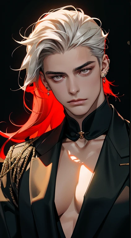 8k, raw photos, best quality, masterpiece:1.4, ultra-high resolution, ultra-detailed, lamplight, close-up cleavage, handsome men, gold eyes, detailed eyes:1.2, the eyes are bright:1.2, medium long red hair, pale-skinned, ear piercings, dark, black clothes, meticulous clothes, gold accessories on clothes, perfect anatomy:1.2, high quality shadow, natural lighting, white highlights:1.2, natta, overcast day, arm tattoos:1.2, starrysky:1.2, masterpiece, high quality, best quality, hd, realistic, perfect lighting, detailed body, 1 man, dark white hair, face expression, black military suit, in the cave