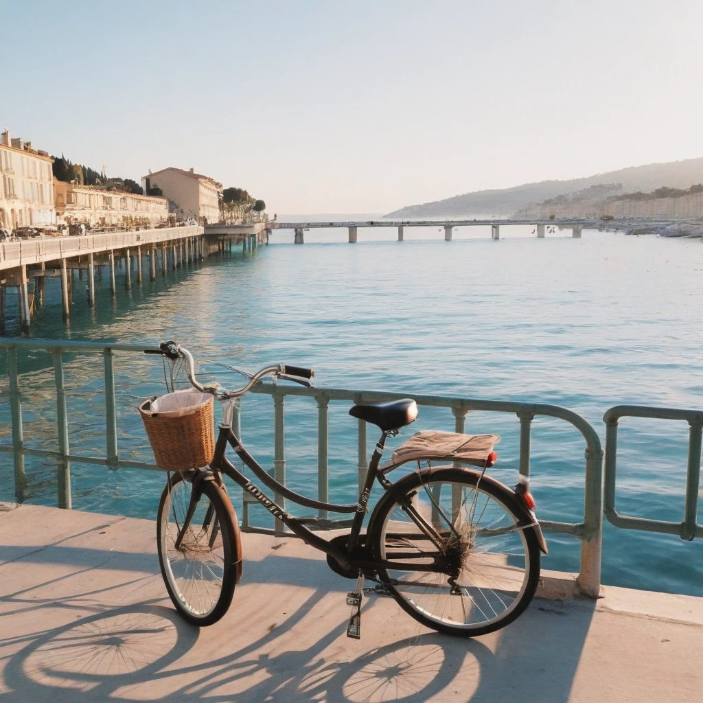 Clean girl aesthetic, bicycle, Nice, France, pier, morning sun, 