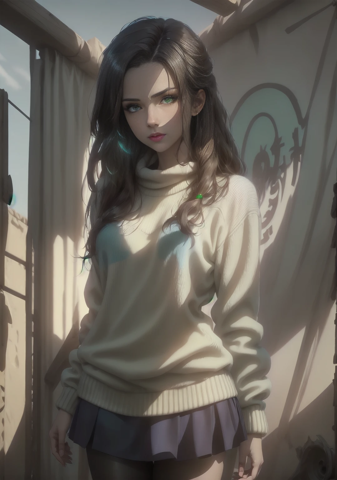 a young woman with dark brown hair, beautiful detailed green and blue eyes with central heterochromia, white sweater, black skirt, pantyhose, high quality, masterpiece, ultra-detailed, realistic, photorealistic, physically-based rendering, vivid colors, studio lighting, sharp focus, professional photography, solo, cowboy shot, simple background, tan skin