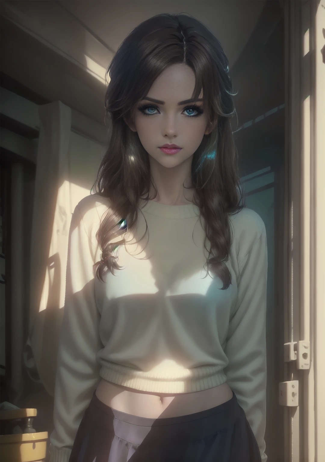 a young woman with dark brown hair, beautiful detailed green and blue eyes with central heterochromia, white sweater, black skirt, pantyhose, high quality, masterpiece, ultra-detailed, realistic, photorealistic, physically-based rendering, vivid colors, studio lighting, sharp focus, professional photography, solo, cowboy shot, simple background, tan skin