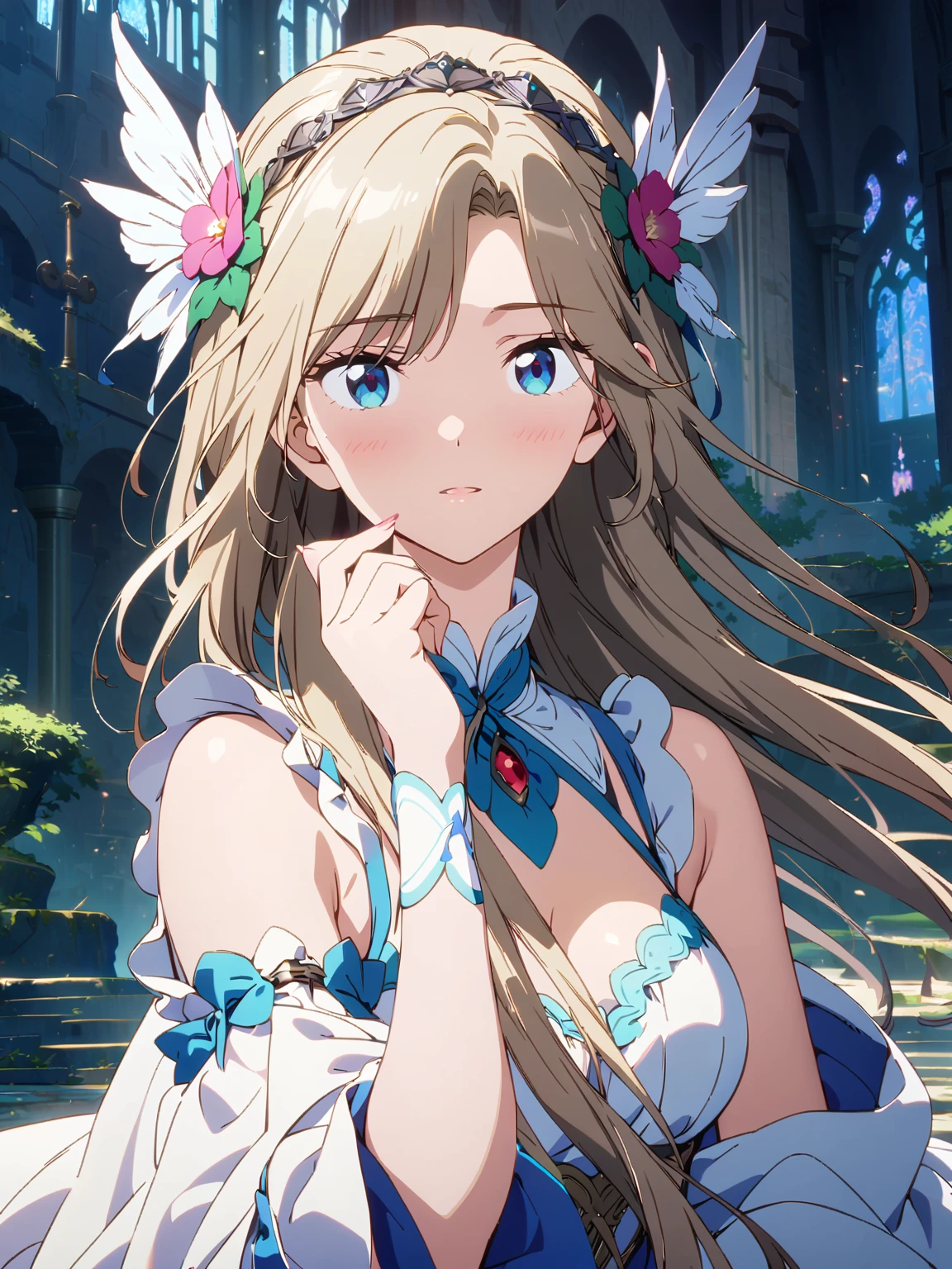 非常にdetailedな目と顔,Very delicate and beautiful，非常にdetailed，CG，Unity，8k wallpaper，wonderful，detailed，masterpiece，The best quality in the best condition，Official Art，非常にdetailed CG 8k Unbelievably ridiculous resolution,Beautiful and exquisite,High resolution，Anime girl with long hair and blue eyes standing in front of a castle, Anime fantasy artwork, Beautiful fantasy anime, Fantasy art style, Beautiful maiden, Close-up