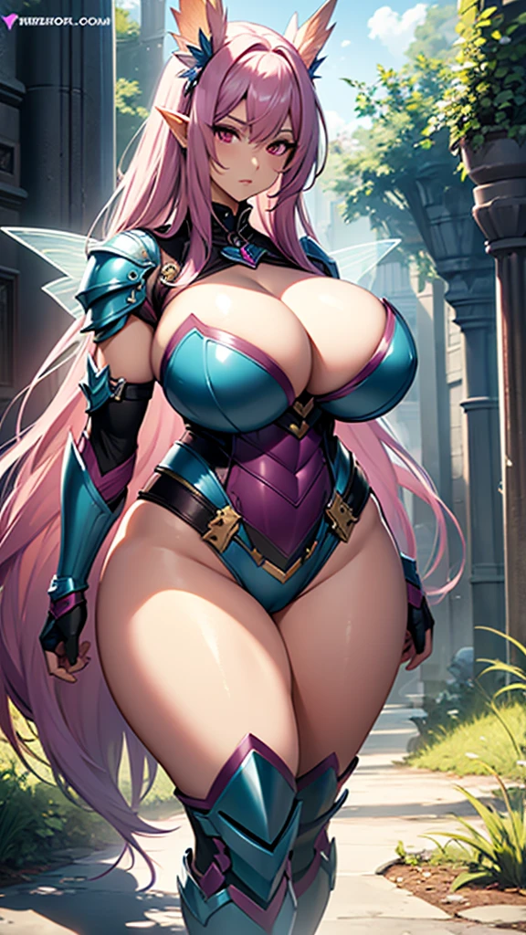 one woman, fairy girl, fairy ears, fairy wings, magenta hair, strong, firm body, thick thighs, big breasts, muscular arms, wide hips, blue armor, sfw, sexy, full body, masterpiece, highly detailed, shiny armor, beauty, tall women, busty