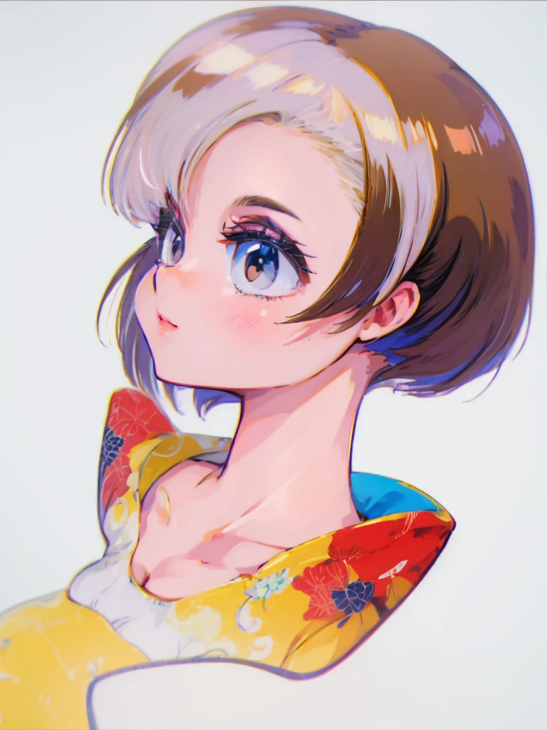 ((1girl,  TendouNabiki, white background)), upper body, anatomically correct, short hair, chibi, simple background, smile, cleavage, looking at the viewer