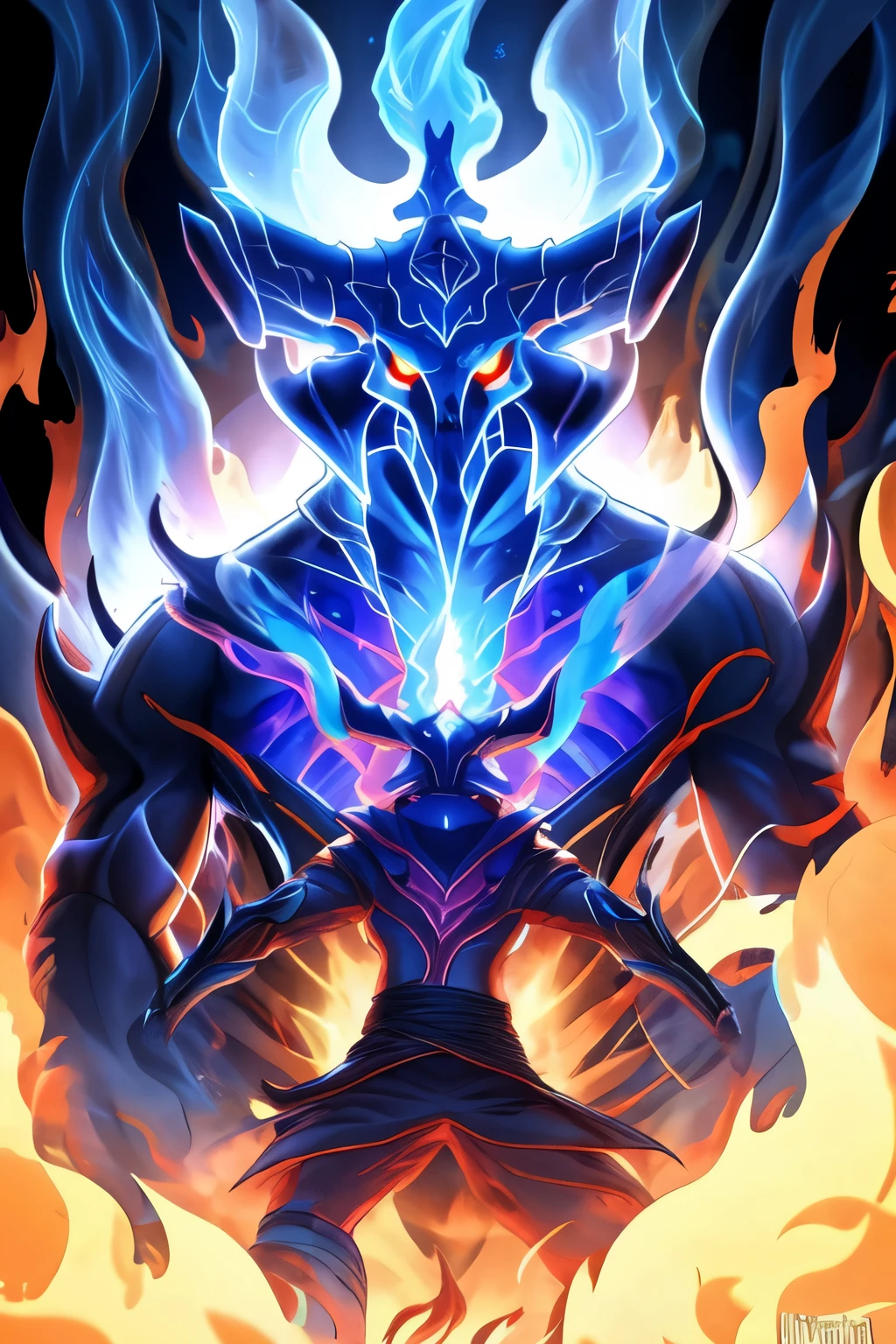 Highly detailed, High Quality, Masterpiece, beautiful, Vaseraga, helmet, 1boy, susanoo, ((inside a glowing giant)), aura surrounding, glowing eyes,  smoke, flare, electricity, plasma, 