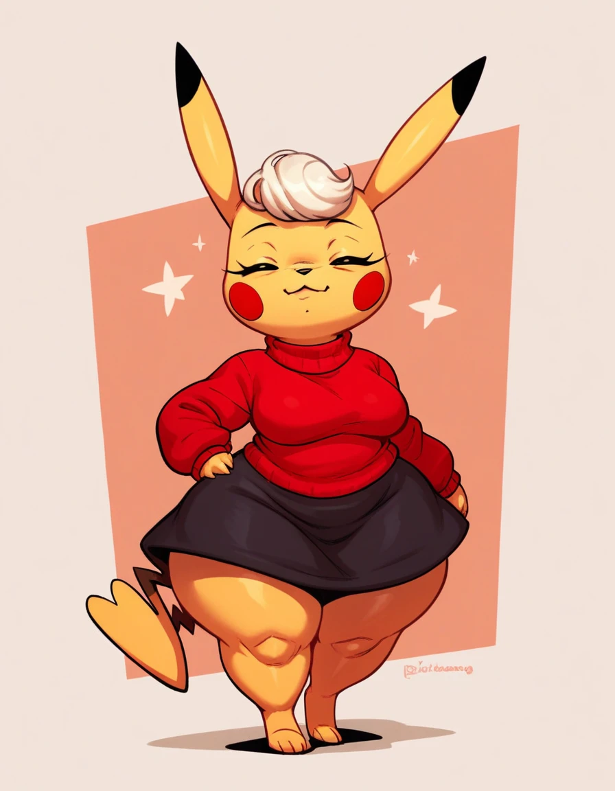 score_9, score_8_up, score_7_up, score_6_up, score_5_up, score_4_up, furry Pikachu short stack elderly female ,big wide hips, wearing skirt , eyes close ,red Sweater  ,solo ,