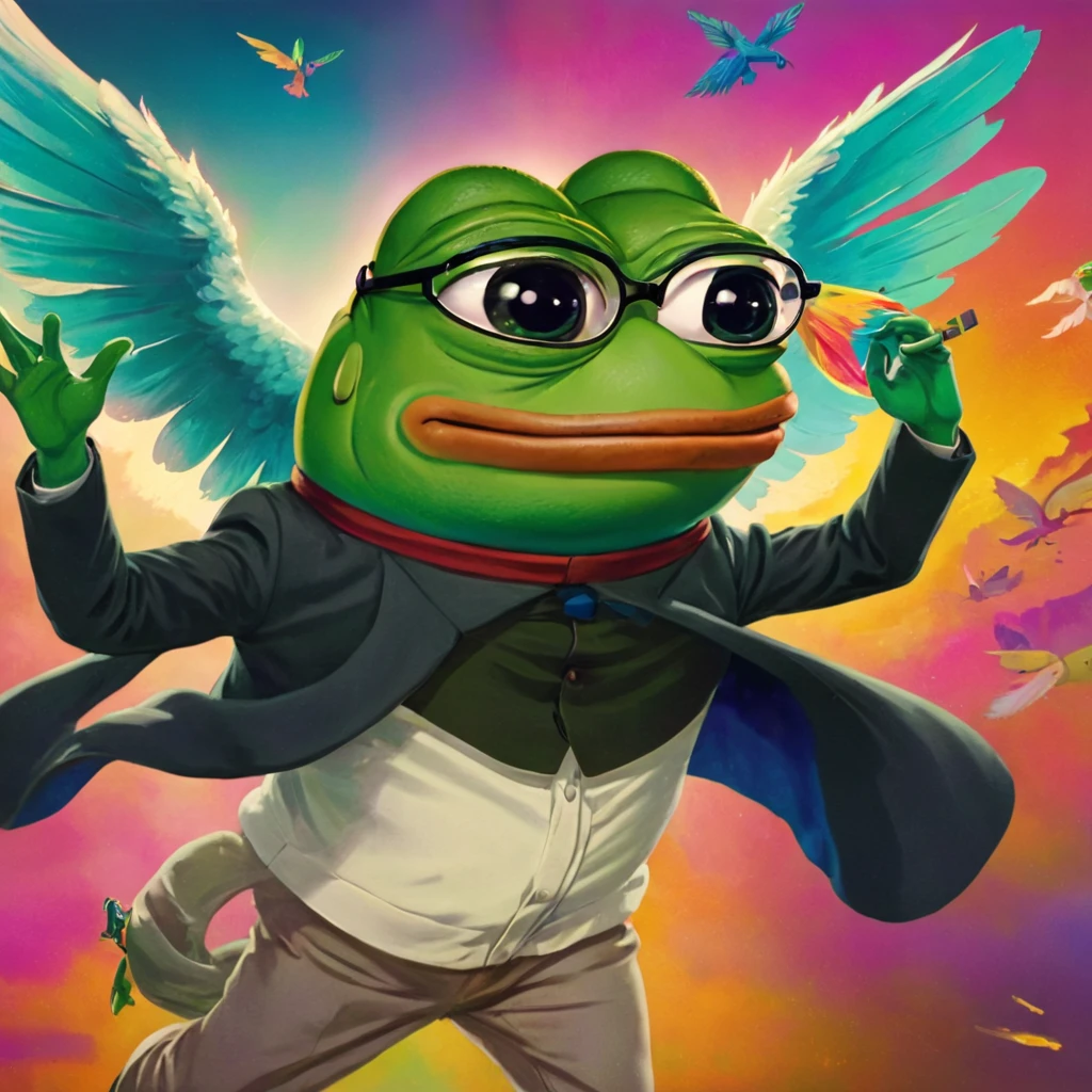pepe the frog, 1 frog, meme character, green frog, frog with glasses, frog with smug expression, flying pig, pig with wings, surreal scene, colorful background, abstract design, vibrant colors, digital art, photorealistic, 4k, ultra-detailed, highly detailed, sharp focus, professional rendering, intricate details