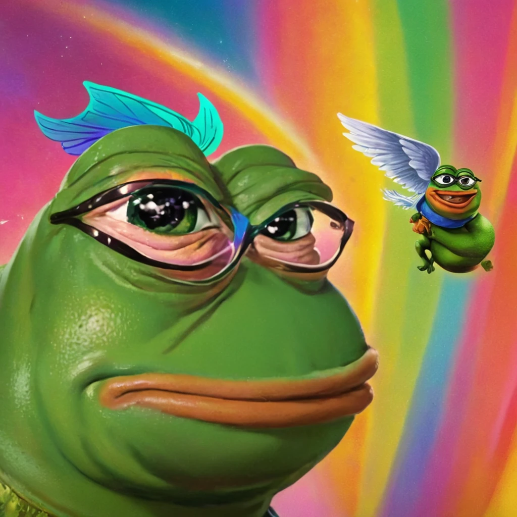 pepe the frog, 1 frog, meme character, green frog, frog with glasses, frog with smug expression, flying pig, pig with wings, surreal scene, colorful background, abstract design, vibrant colors, digital art, photorealistic, 4k, ultra-detailed, highly detailed, sharp focus, professional rendering, intricate details