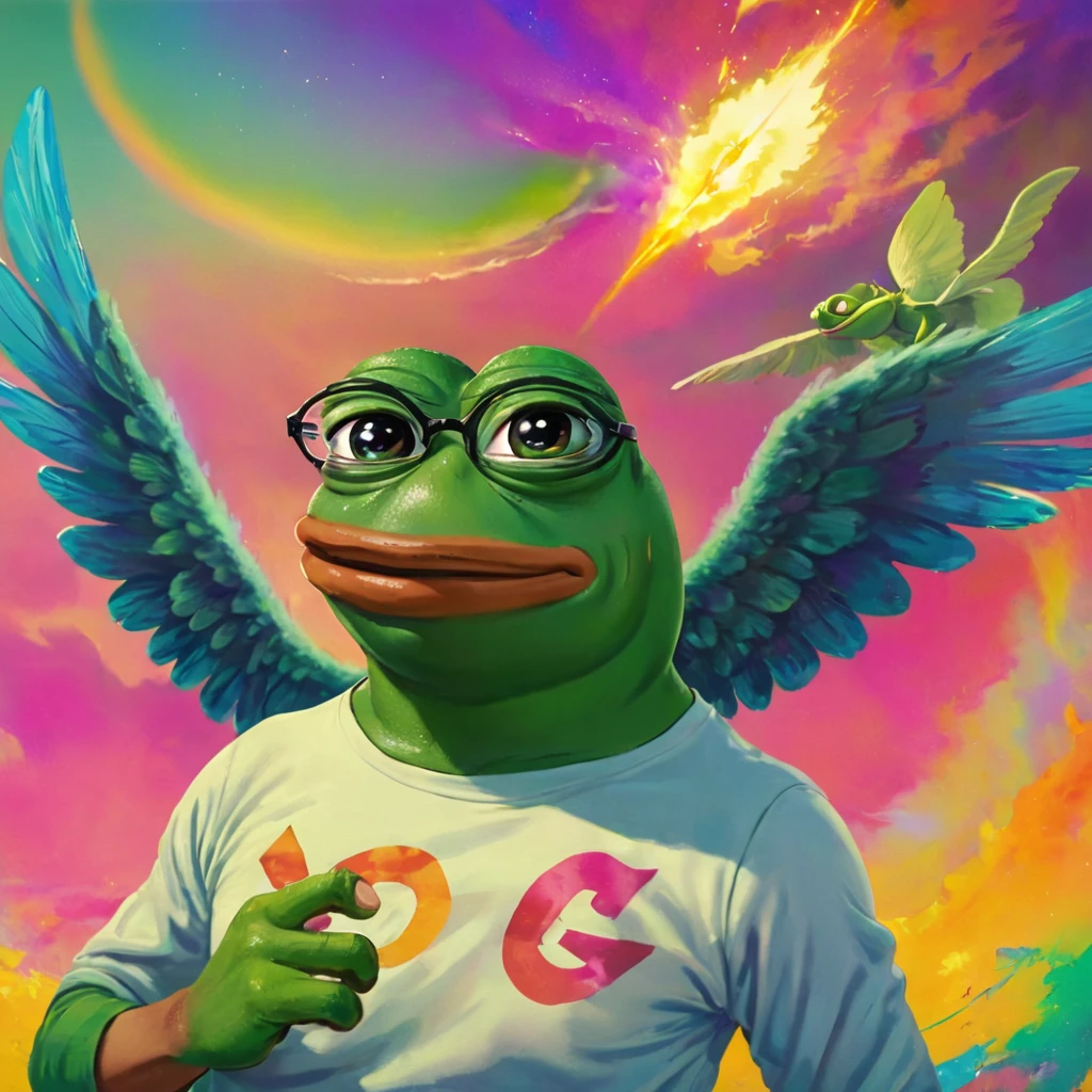 pepe the frog, 1 frog, meme character, green frog, frog with glasses, frog with smug expression, flying pig, pig with wings, surreal scene, colorful background, abstract design, vibrant colors, digital art, photorealistic, 4k, ultra-detailed, highly detailed, sharp focus, professional rendering, intricate details
