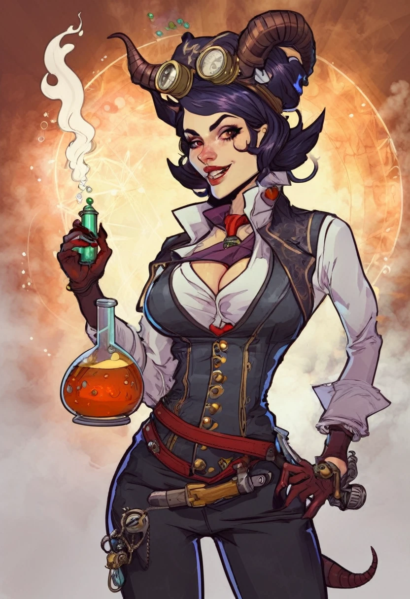 In D&D style, a woman with devil horns, she looks like a crazy scientist, and she has a kind of steam punk outfit, and she is holding a potion in one hand and a sold stylish pistol in the other hand.