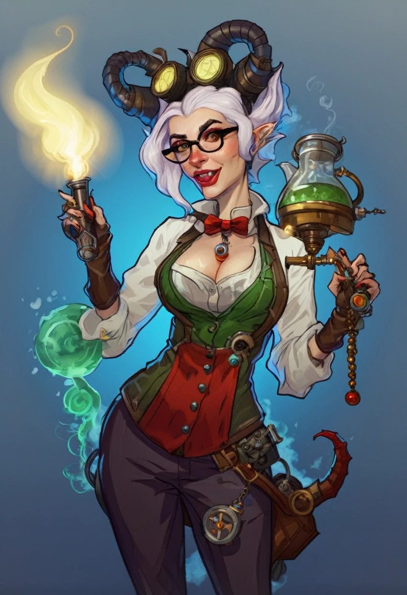 In D&D style, a woman with devil horns, she looks like a crazy scientist, and she has a kind of steam punk outfit, and she is holding a potion in one hand and a sold stylish pistol in the other hand.