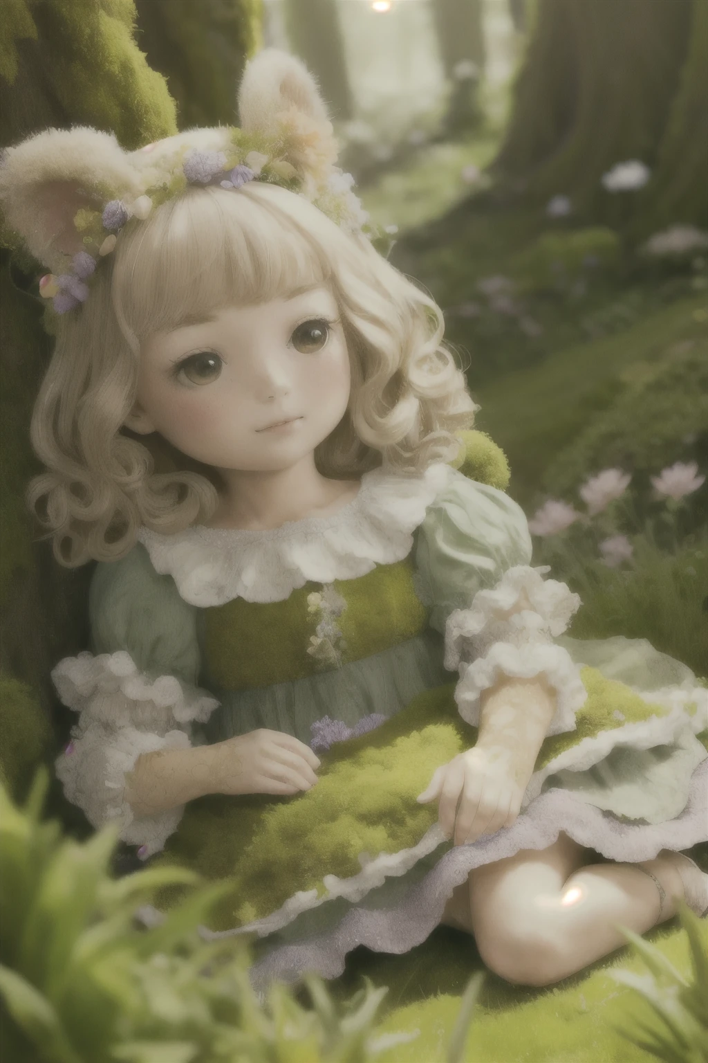 A young girl in a lush, mossy garden, her delicate dress flowing around her like petals, waiting for the night. A fluffy rabbit hops onto her lap, curling up contentedly.

1girl, graceful, elegant, soft mossy bed, flowing petal-like dress, fluffy rabbit, satisfied expression, night setting, detailed face, beautiful eyes, detailed lips, detailed hands and fingers, intricate details, photorealistic, highly detailed, 8k, masterpiece, vibrant colors, dramatic lighting, ethereal, fantasy, whimsical