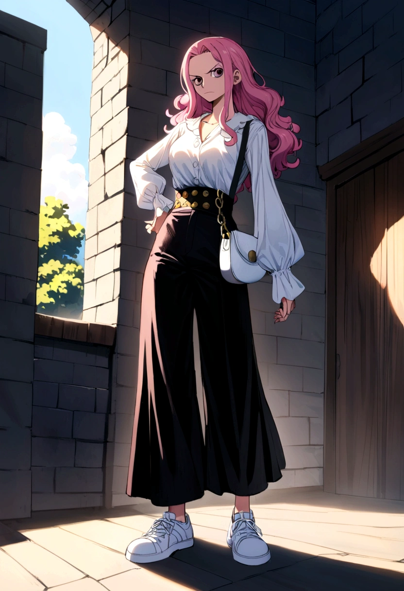 Personagem de one piece, pink hair and a white streak, lilac eyes,  long sleeve blouse, dark high waist pants, white sneakers and a side bag
