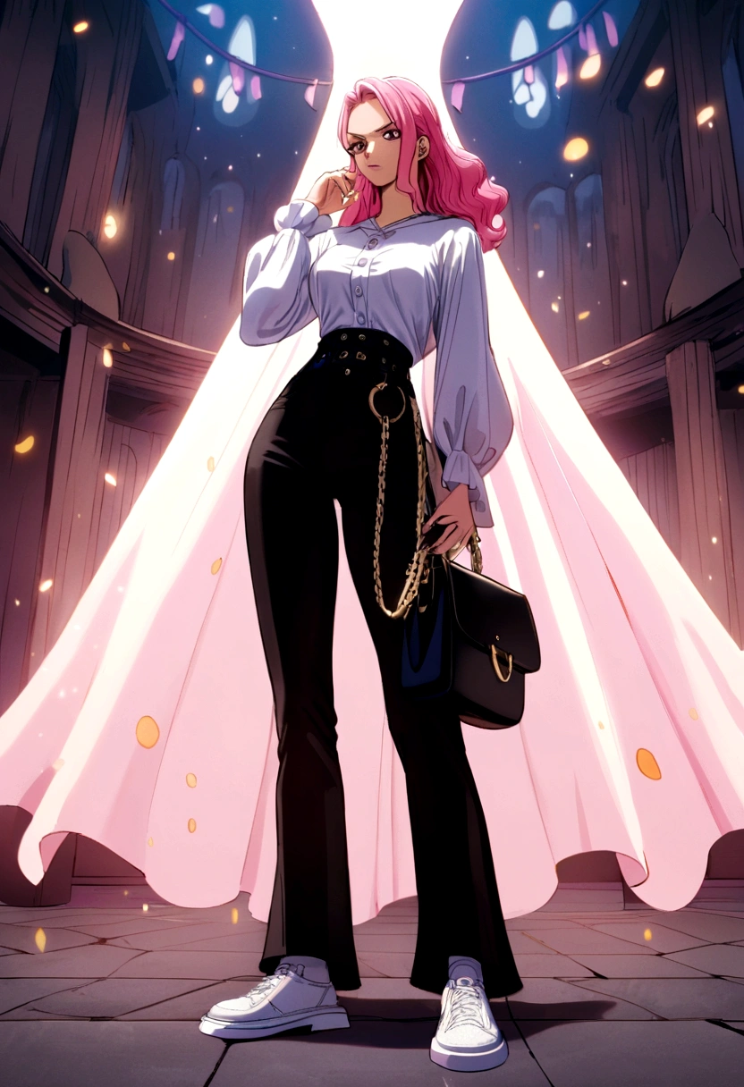 Personagem de one piece, pink hair and a white streak, lilac eyes, long sleeve blouse, dark high waist pants, white sneakers and a side bag