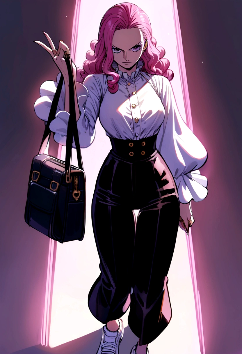 Personagem de one piece, pink hair and a white streak, lilac eyes, long sleeve blouse, dark high waist pants, white sneakers and a side bag