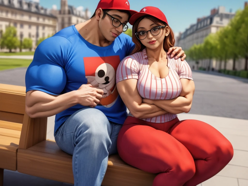 (masterpiece, best quality:1.2), A couple , boy Nino Lahiffe: Brown skin, dark hair, usually seen wearing a red cap, glasses, and casual clothing like a T-shirt and jeans, and a girl Alya Césaire: Brown skin, curly dark brown hair, often wears glasses, and typically seen in stylish, casual outfits. A casual day out with both characters in their everyday attire,Sharing a tender moment, like sitting on a rooftop overlooking Paris..(girl and boy:1), smiling, ((high resolution illustration)), ((extremely detailed)), (couple), Alya, Nino, Nino X Alya, (best quality,4k,8k,highres,masterpiece:1.2), ultra-detailed, realistic:1.37, HDR, studio lighting, extreme detail description, nino wearing a red cap, professional, vibrant colors, bokeh, ((muscular female bodybuilder)), detailed lips, strong embrace, romantic scene, intimate moment, intense passion, athletic bodies, fitness couple, gym, (((both flexing their big muscles))).