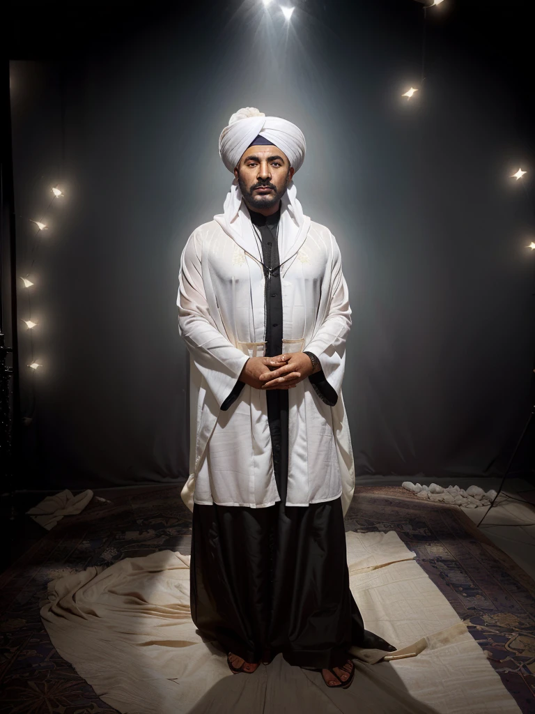 arafed man in a white robe and a black tie, inspired by Osman Hamdi Bey, inspired by Abdur Rahman Chughtai, inspired by Aladár Körösfői-Kriesch, raden saleh, inspired by Altoon Sultan, dressed thobe, inspired by Abdullah Gërguri, inspired by Sardar Sobha Singh
