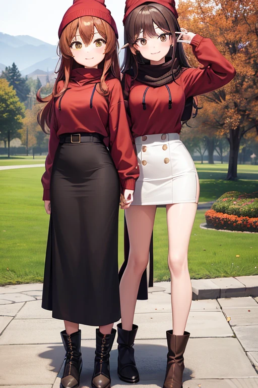 1girl, woman, red hoodie, tight midi pencil skirt (black), long length skirt, long brown hair, looking at viewer, full body, smile, blush, boots, garden, fall, leaves, beanie, brown scarf