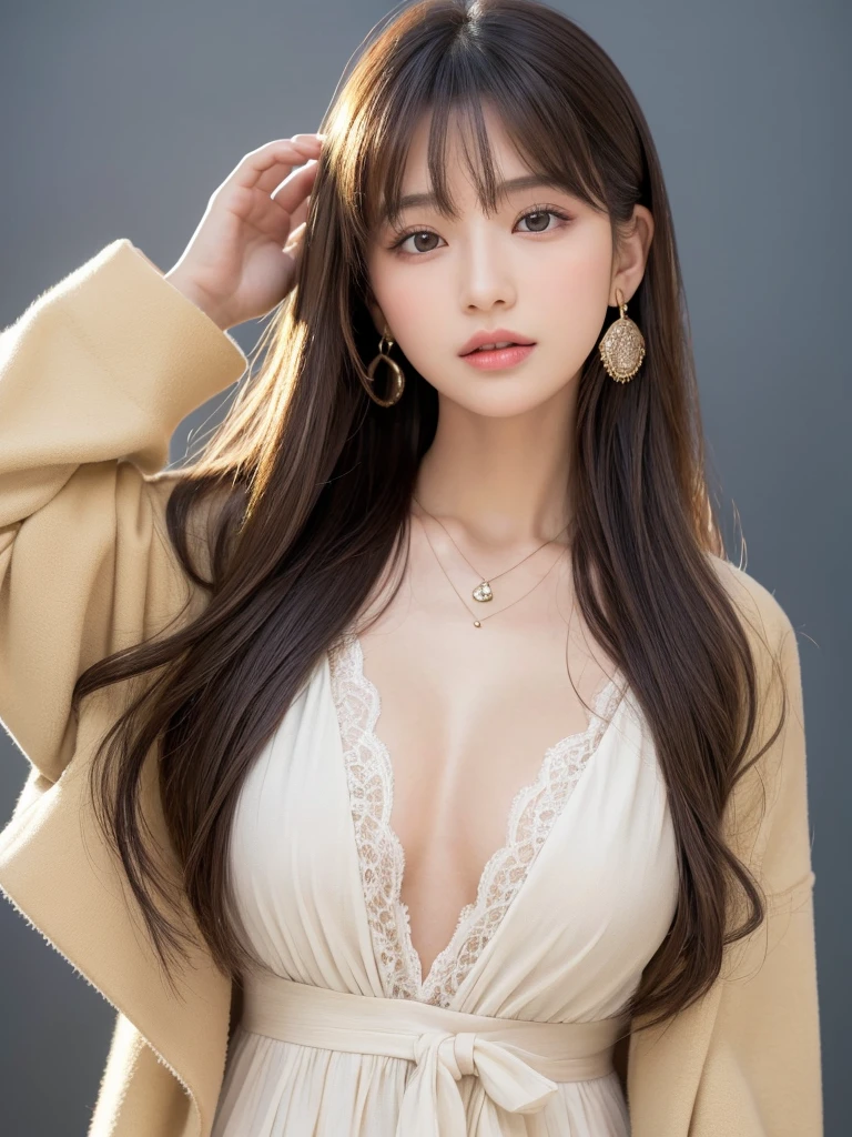  ((Highest quality, 8K, masterpiece:1.3)), concentrate: 1.2, Perfect body beauty: 1.4, : 1.2, ((Long Hair, : 1.2)), (Dry clothes: 1.1) , (clear, Simple Background:1.3), Simple clothes: 1.1, Highly detailed face and skin texture,Delicate eyes, double eyelid, Whitened skin, Rough skin、Long Hair、Earrings with bangs、necklace、 solo、Beige coat、White shirt,  (((Beautiful girl with cute Japan)))、  ((Beautiful Japanese girl 20 years old))、 ((Baby Face))、 (((Slender body)))、  Upper Body，Face focus、necklace，Simple Background，From above， Realistic Hair、 A photograph was taken:Canon EOS R6、135mm、1/1250 seconds、f2.8、ISO400、(Detailed explanation of the hand)、(Masseter muscle area)、(Exquisite CG)、Long Hair, loose and curly hair、Korean Hair、Long Hair明るいベージュ色、グラデーションハイライトグレージュのゆるふわLong Hairスタイル、