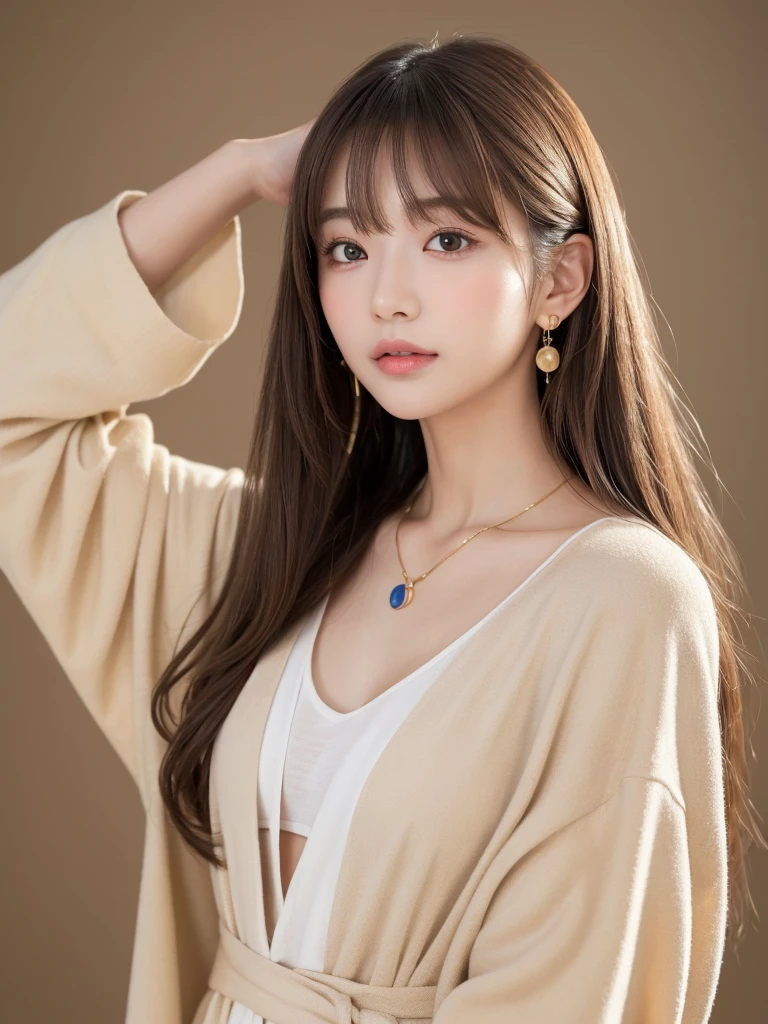  ((Highest quality, 8K, masterpiece:1.3)), concentrate: 1.2, Perfect body beauty: 1.4, Hips: 1.2, ((Long Hair, chest: 1.2)), (Dry clothes: 1.1) , (clear, Simple Background:1.3), Simple clothes: 1.1, Highly detailed face and skin texture,Delicate eyes, double eyelid, Whitened skin, Rough skin、Long Hair、Earrings with bangs、necklace、 solo、Beige coat、White shirt,  (((Beautiful girl with cute Japan)))、  ((Beautiful Japanese girl 20 years old))、 ((Baby Face))、 (((Slender body)))、  Upper Body，Face focus、necklace，Simple Background，From above， Realistic Hair、 A photograph was taken:Canon EOS R6、135mm、1/1250 seconds、f2.8、ISO400、(Detailed explanation of the hand)、(Masseter muscle area)、(Exquisite CG)、Long Hair, loose and curly hair、Korean Hair、Long Hair明るいベージュ色、グラデーションハイライトグレージュのゆるふわLong Hairスタイル、