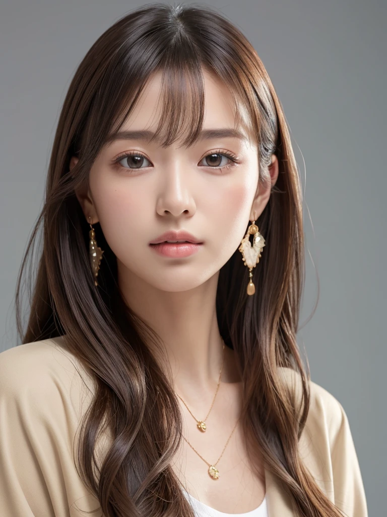 ((Highest quality, 8K, masterpiece:1.3)), concentrate: 1.2, Perfect body beauty: 1.4, Hips: 1.2, ((Long Hair, chest: 1.2)), (Dry clothes: 1.1) , (clear, Simple Background:1.3), Simple clothes: 1.1, Highly detailed face and skin texture,Delicate eyes, double eyelid, Whitened skin, Rough skin、Long Hair、Earrings with bangs、necklace、 solo、Beige coat、White shirt, (((Beautiful girl with cute Japan)))、 ((Beautiful Japanese girl 20 years old))、 ((Baby Face))、 (((Slender body)))、 Upper Body,Face focus、necklace,Simple Background,From above, Realistic Hair、 A photograph was taken:Canon EOS R6、135mm、1/1250 seconds、f2.8、ISO400、(Detailed explanation of the hand)、(Masseter muscle area)、(Exquisite CG)、Long Hair, loose and curly hair、Korean Hair、Long Hair明るいベージュ色、グラデーションハイライトグレージュのゆるふわLong Hairスタイル、
